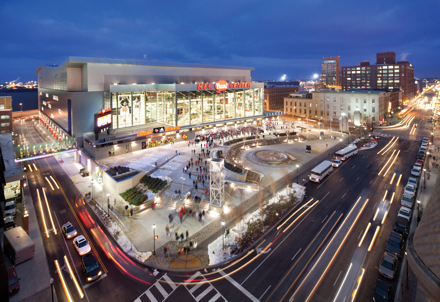 Nighttime view of the KFC Yum! Center