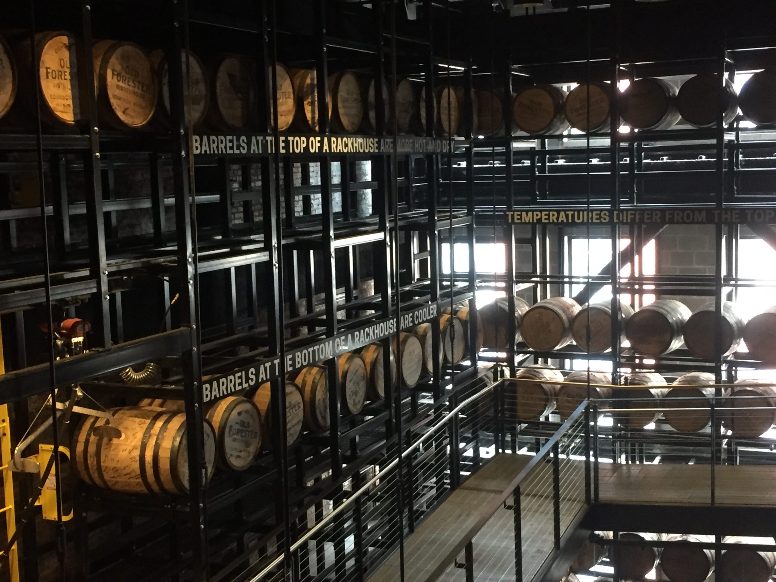 Bourbon distillery with rows of bourbon barrels