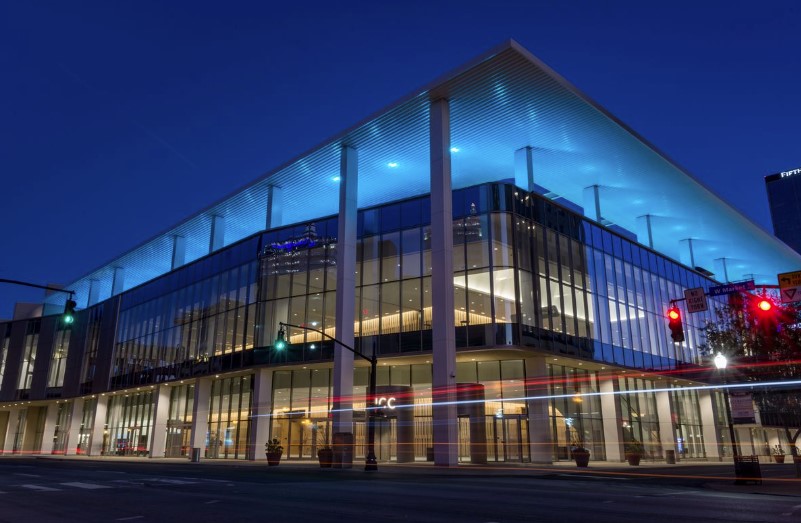 Night shot of the Kentucky International Convention Center in downtown Louisville
